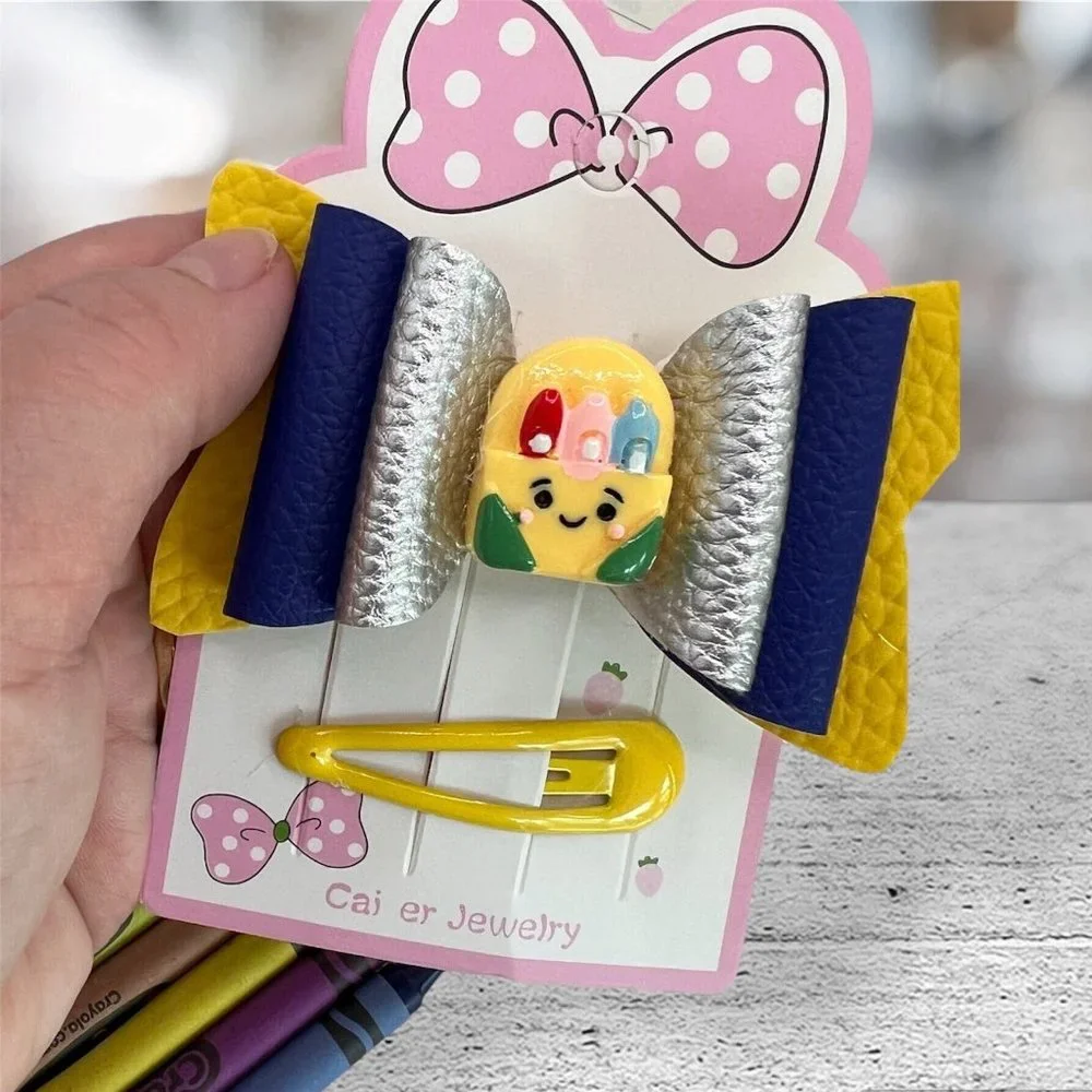 Back to School Hair Bow Faux Leather for Girls & Toddler Snap Clips Kindergarten